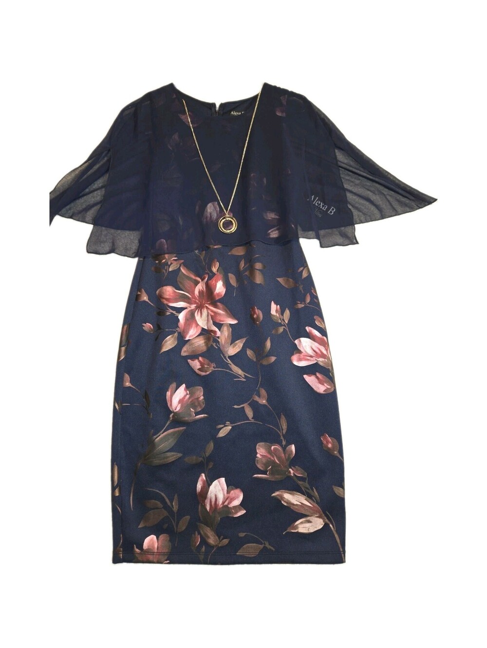 alexa b nites dress NWT S 4 Dark Floral Sheath W Mesh Topper Navy Modest Wedding